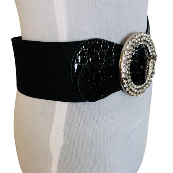 VTG Inspired 80s Black Wide Elastic Belt SZ M/L Rhinestone Buckle Crock Embossed - Picture 3 of 15